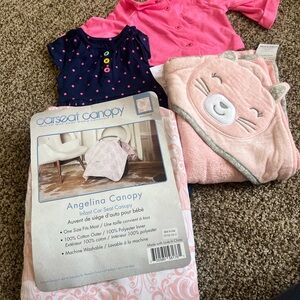 Carters outfit, carters towel, & car seat canopy